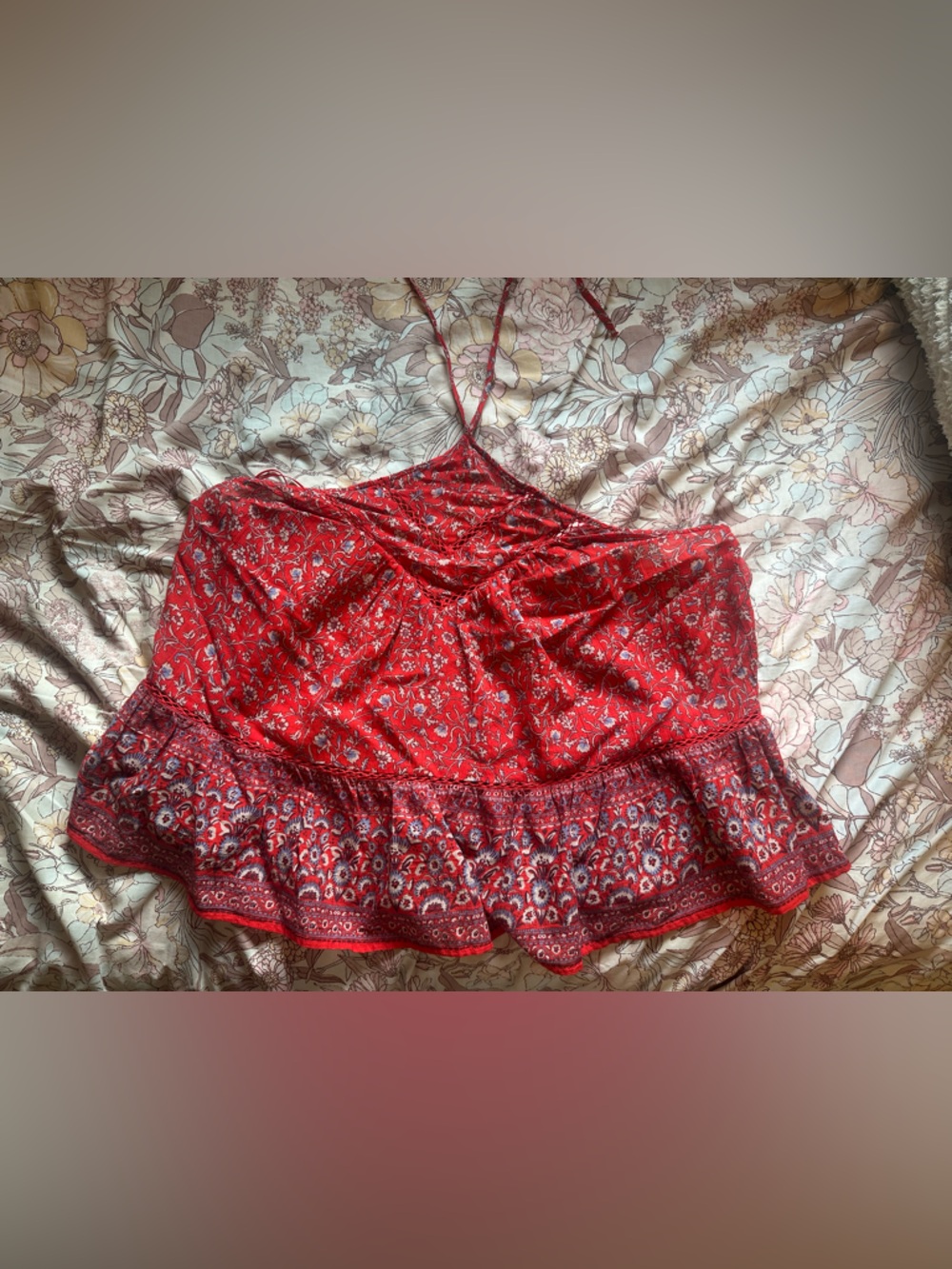 American Eagle Outfitters Red Floral Ruffle Tank Top